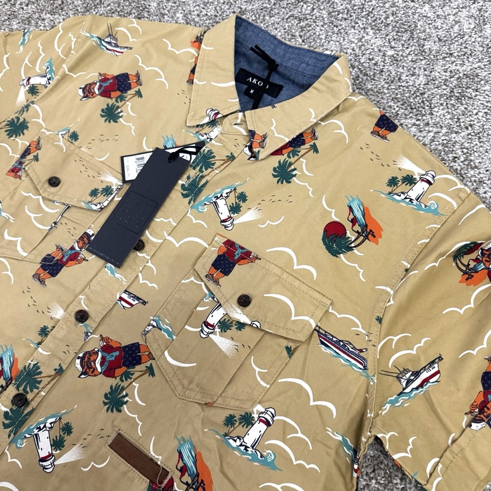 NWT Akoo Taupe All Over Print Nautical Hawaiian S/S‎ Button Up Shirt Size M
